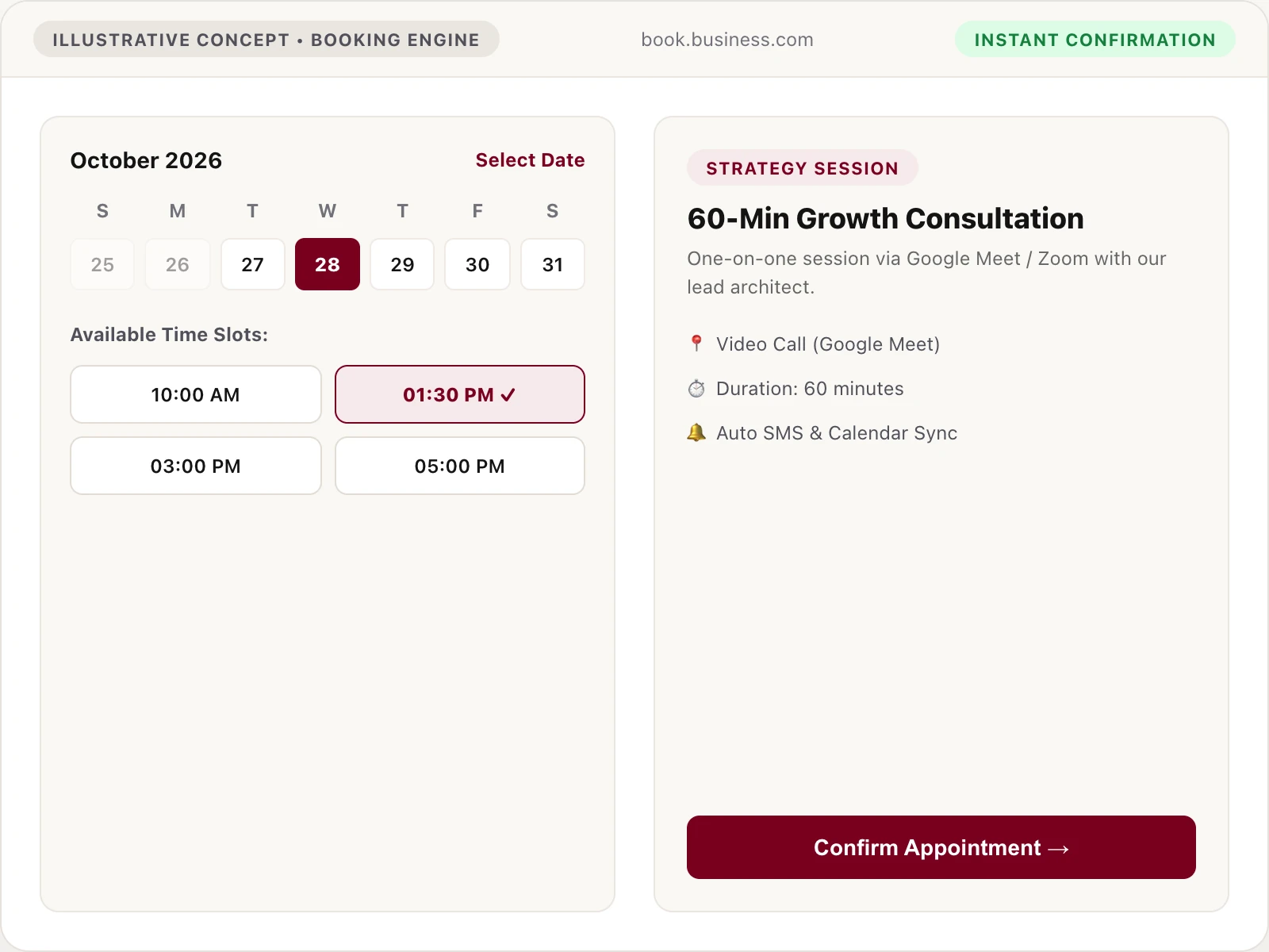 Illustrative concept of an appointment booking and calendar engine