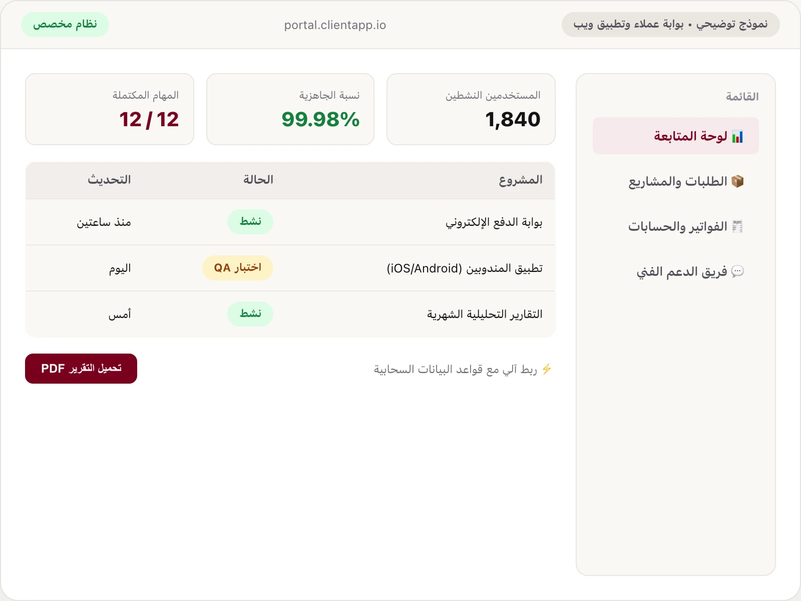 نموذج توضيحي لبوابة عملاء وتطبيق ويب لإدارة العمليات